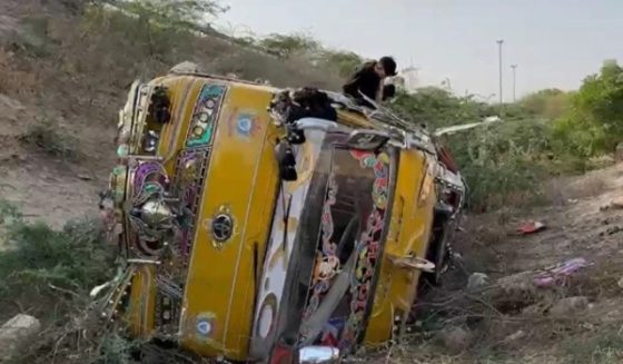 coaster plunges into ditch on karachis super highway