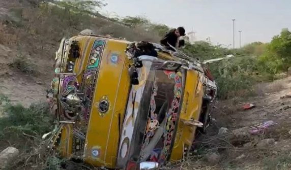coaster plunges into ditch on karachis super highway