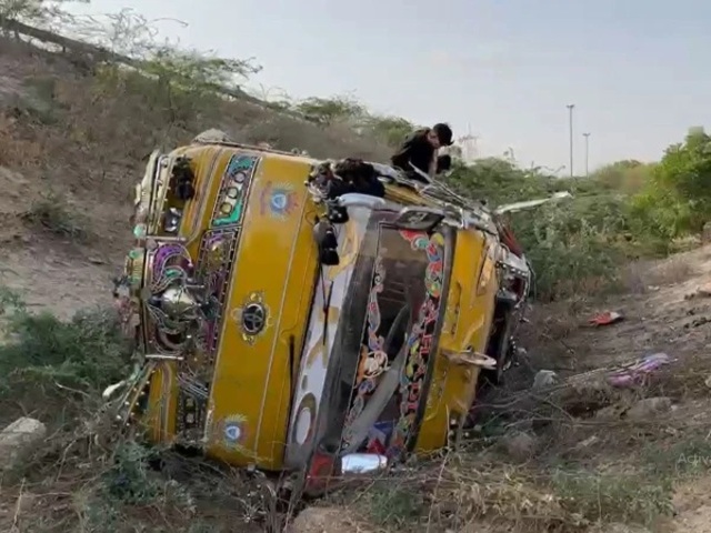 coaster plunges into ditch on karachis super highway