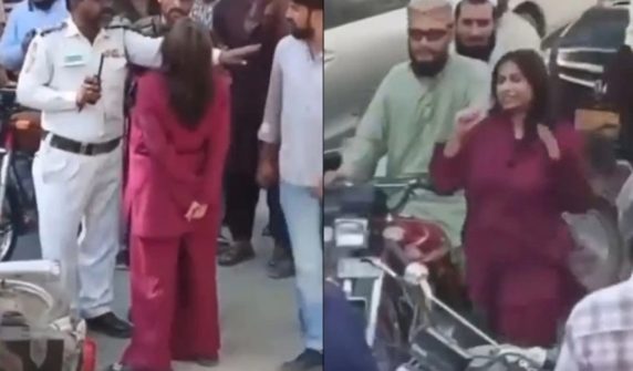 karachi woman loses temper after rickshaw hits her car